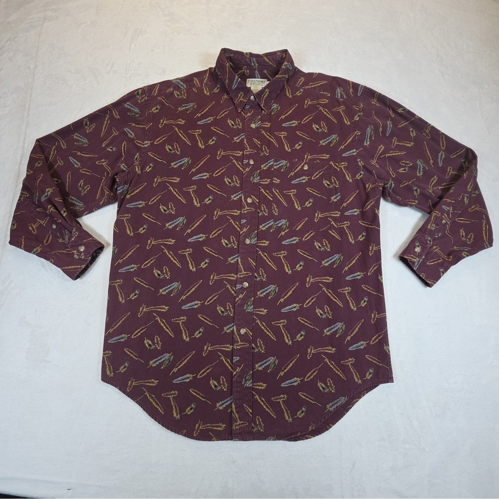 Vintage Banana Republic Safari Button Up‎ Mens L Long Sleeve Feathers Burgundy